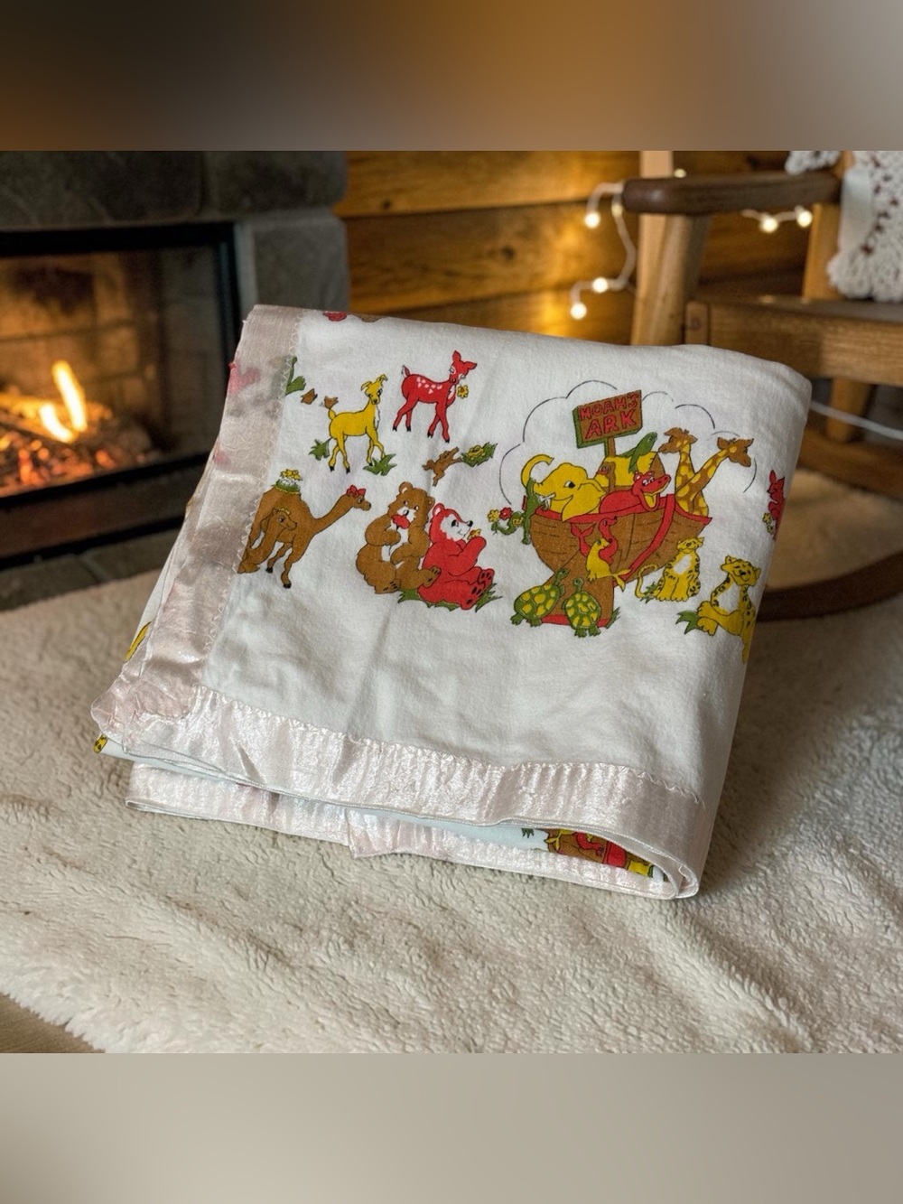 MC Noahs Ark Flannel Baby Blanket Silky Trim Bears Camels Elephants Tigers Deer